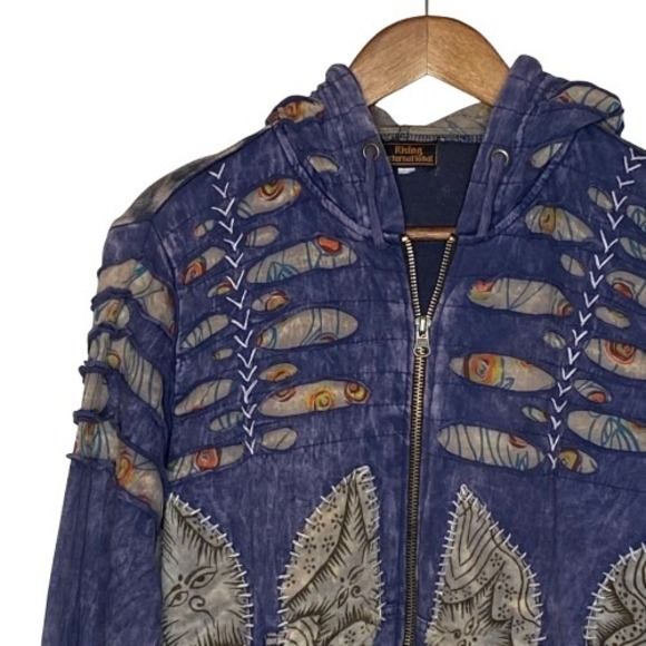 Rising International Womens Razor Cut Patch Full Zip Hoodie L Nepal Boho Hippie - Picture 3 of 16